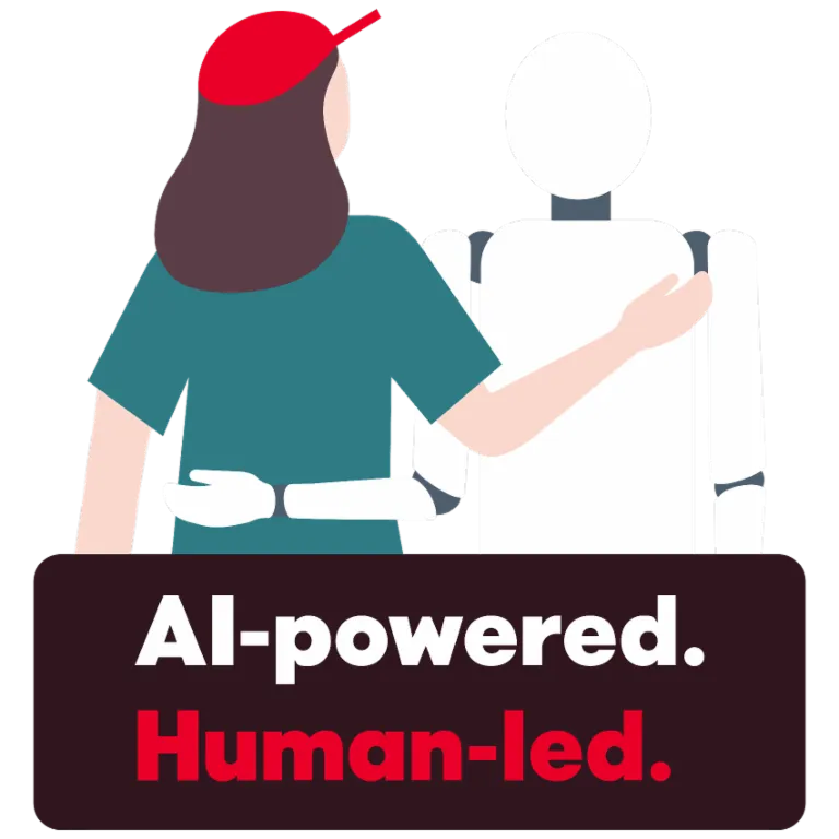 Ilustracija prikazuje osebo, ki prijateljsko objame robota. Spodaj je besedilo "AI-powered. Human-led.", ki simbolizira sodelovanje med ljudmi in umetno inteligenco.