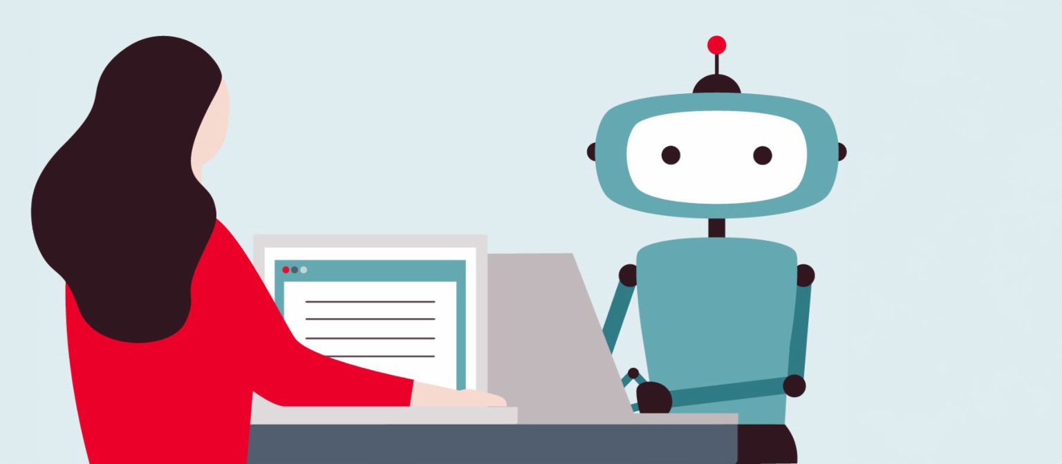 Slika ženske, ki sedi pred računalnikom in gleda robota