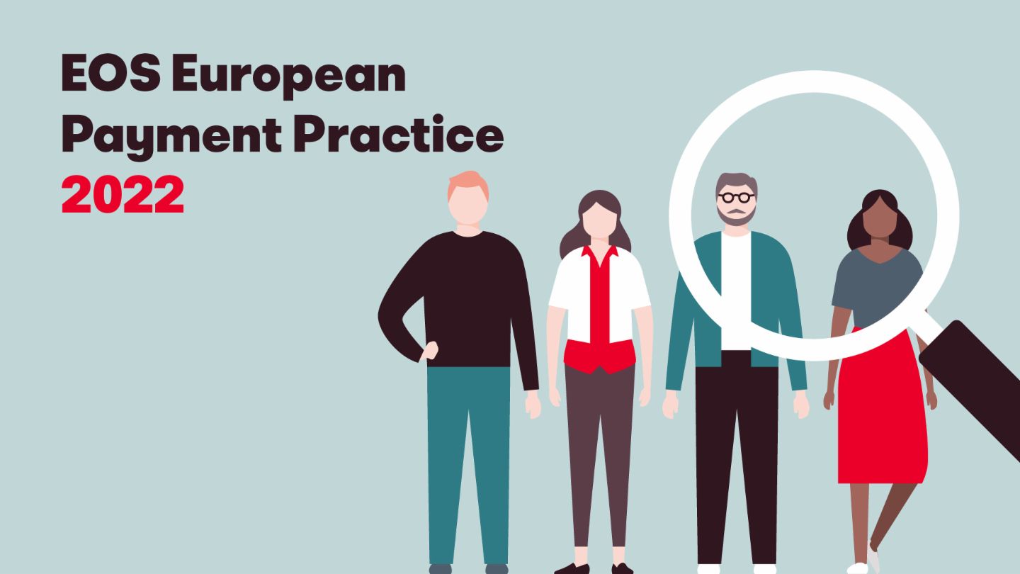 Ilustracija, ki prikazuje štiri različne posameznike in povečevalno steklo, skupaj z besedilom "European Payment Practise EOS study 2022". Ta slika predstavlja letno raziskavo EOS o evropskem plačilnem vedenju in trendih.