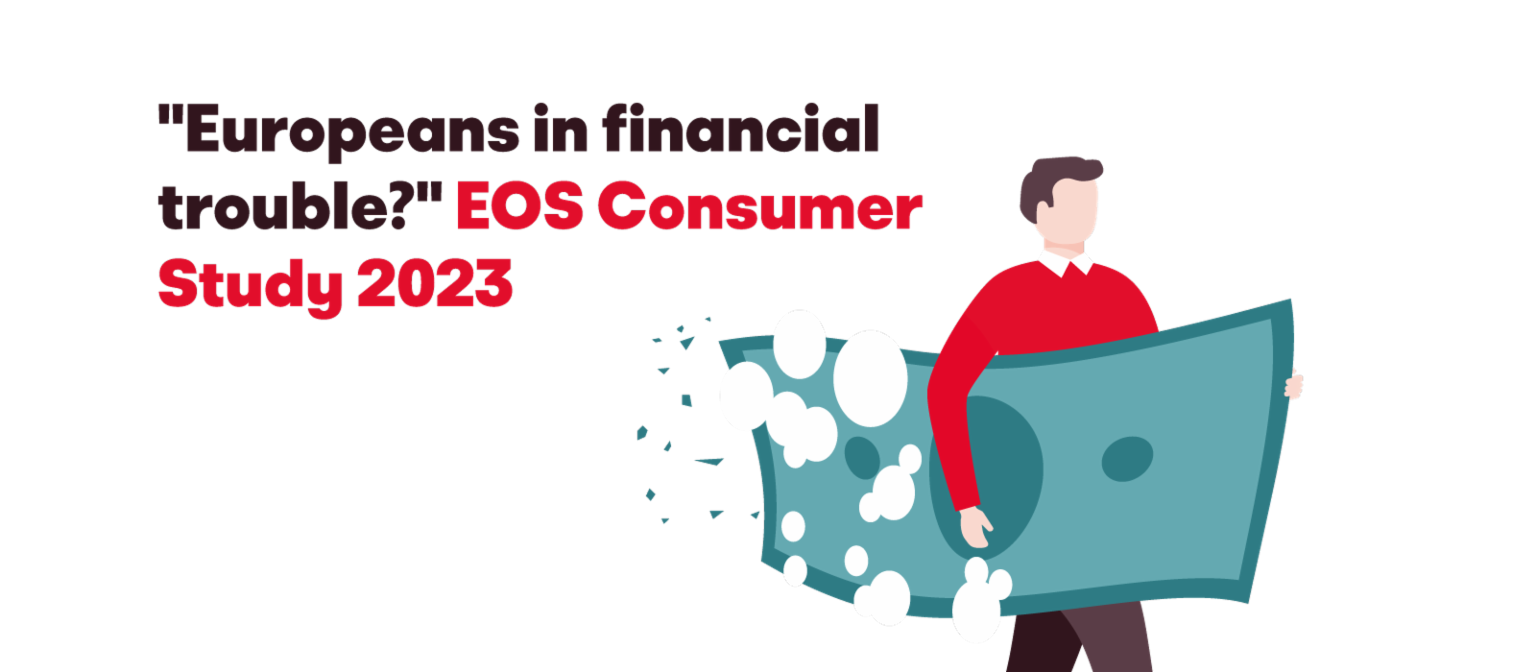 Ilustracija moškega, ki nosi velik razpadajoč bankovec, z besedilom 'Evropejci v finančnih težavah? EOS Consumer Study 2023'.