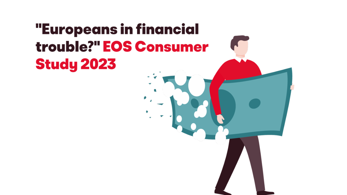 Ilustracija moškega, ki nosi velik razpadajoč bankovec, z besedilom 'Evropejci v finančnih težavah? EOS Consumer Study 2023'.