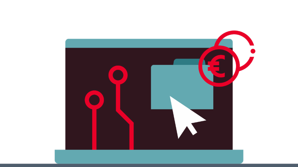 Illustration of a computer showing data and a Euro sign.